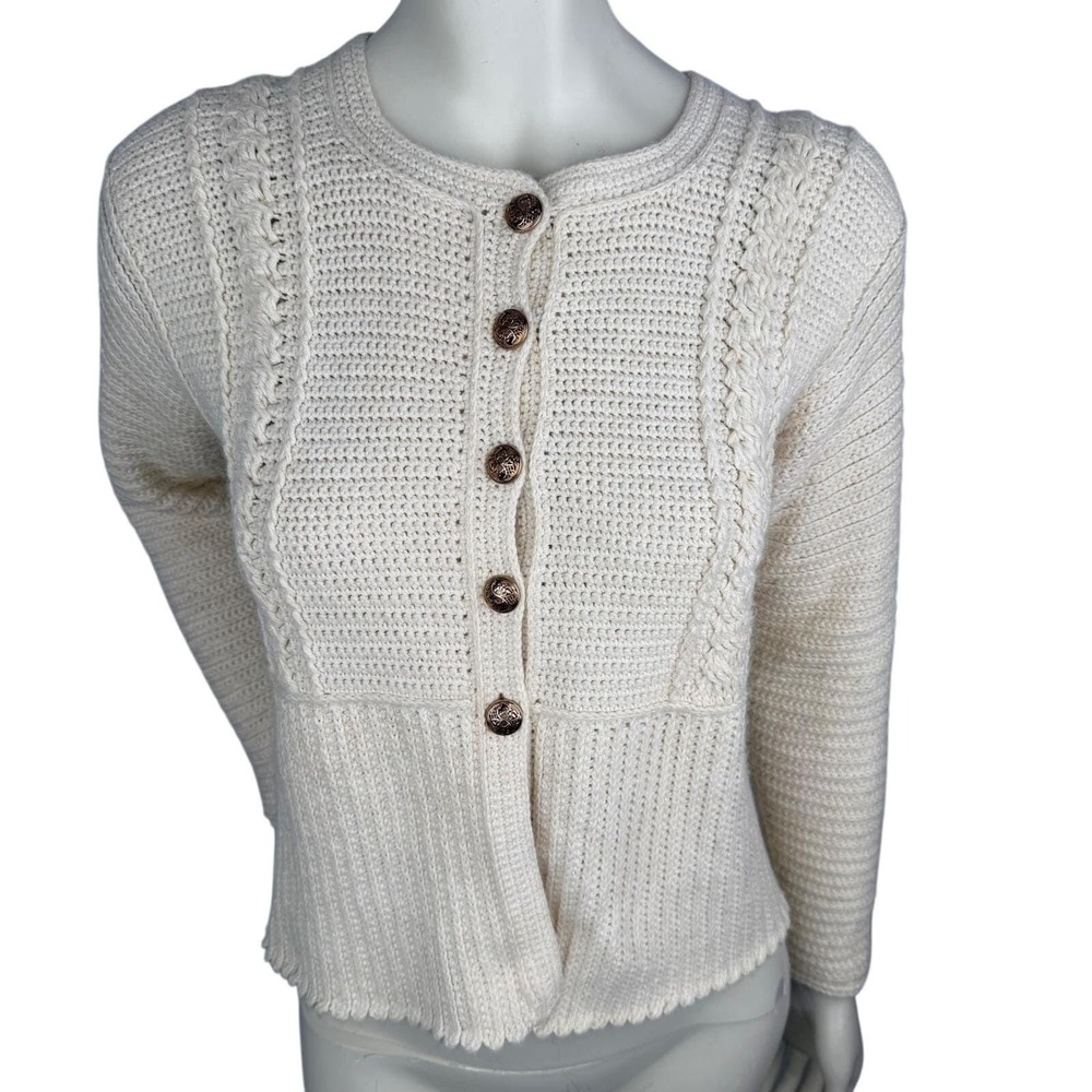 Vintage Handmade Knit Cream Cardigan Ribbed Quiet Luxury Old Money Rich Girl M